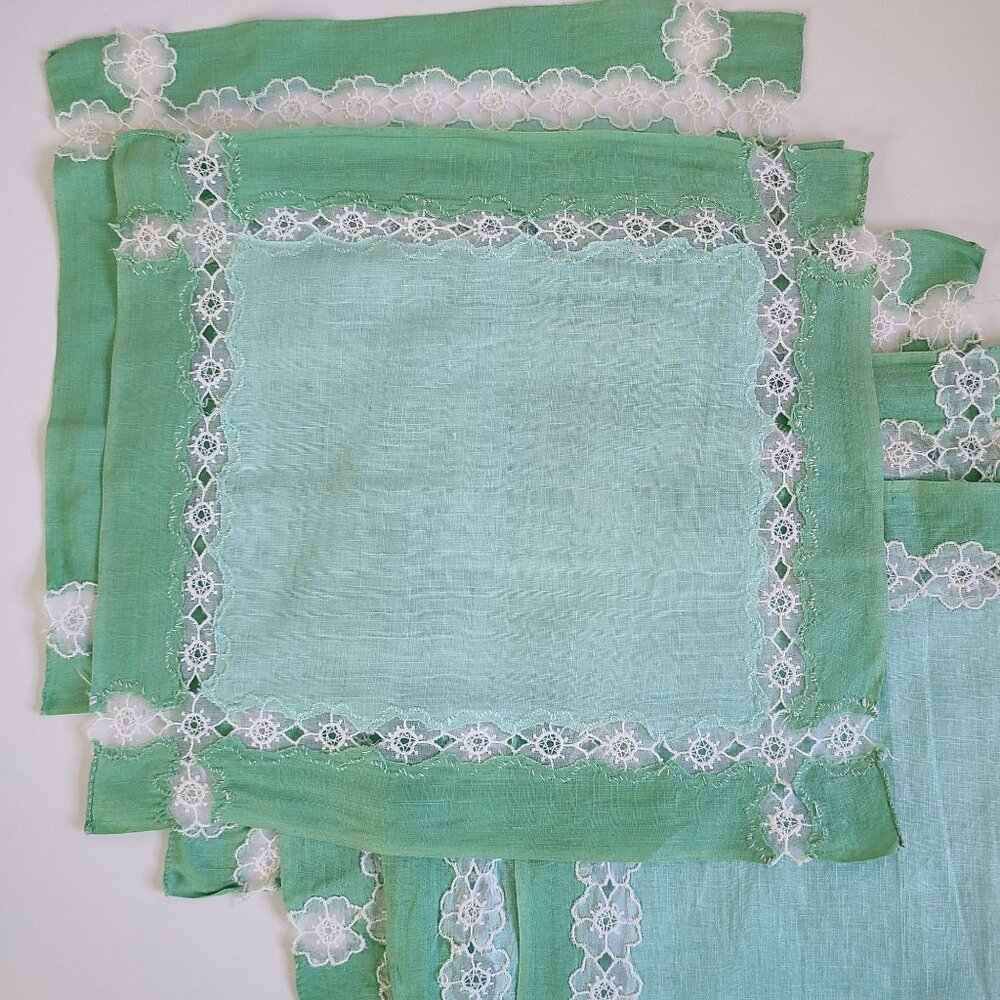 Vintage Green Linen Napkins Doilies White Floral Lace Embroidery Set Of 6 - Picture 6 of 10